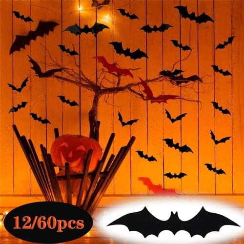 12/60pcs Halloween Decorations for Home 3D Black Bat Wall Stickers PVC Stickers Halloween Party Wall Decors Holiday Game Props