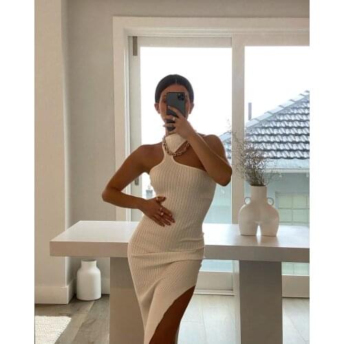 2021 New Fashion Women Sleeveless White O Neck Hollow Out Midi Elegant Bandage Party Dress