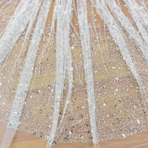 2021 New Arrival White Bridal Lace With Crystal Sequins Beads Embroidery Fabric for party dress HY1306