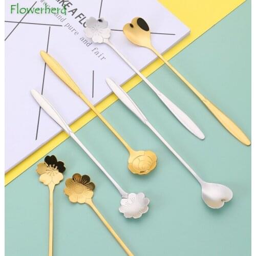 5pieces Japanese Cherry Blossom Spoon Stainless Steel Creative Flower Spoon Long Handle Ice Spoon Dessert Coffee Stirring Spoon
