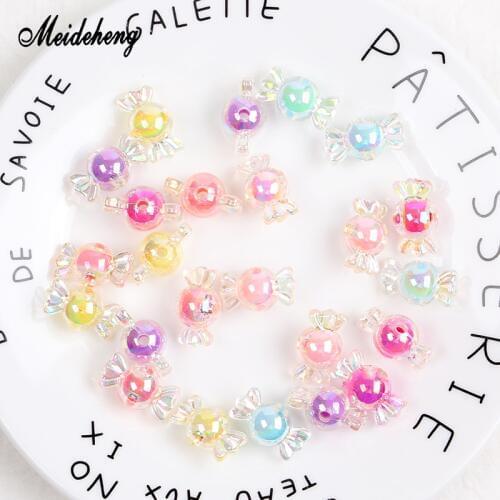 Meideheng Acrylic Charms Candy Beads Rainbow Color Plating Bead With Bead For Jewelry Making Handmade Hair Ring Gifts Kids Toys