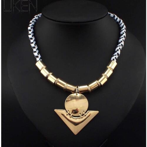 UKEN Casual Dress Accessories Women Fashion Cotton Rope Bright Gold Color Metal Pendants Short Necklaces Statement Jewelry