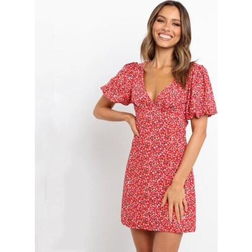 Ardm Red Floral Print V-Neck Lantern Sleeve Summer Dress Backless Lace Up High-Waist Women Dress Fashion Female Mini Dress
