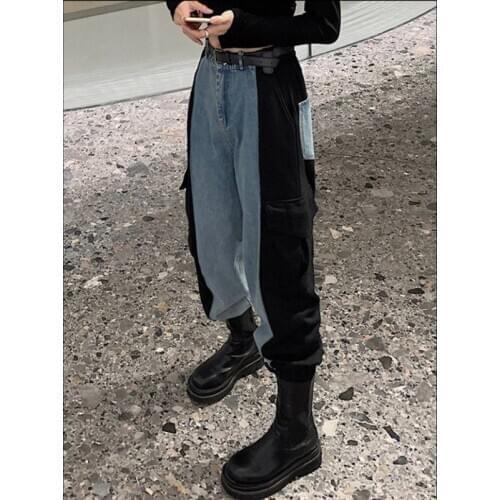 High Waist Jeans Womens Straight Loose Autumn Black Blue Stitching Harajuku Harem Trousers Women Cargo Jeans Denim Baggy Jeans