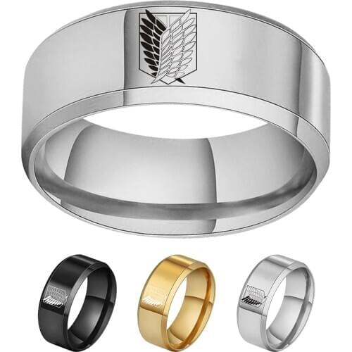 8mm Attack on Titan Black sliver Stainless Steel Ring Wings Of Liberty Flag Finger Rings For Men Women Jewelry Anime Fans