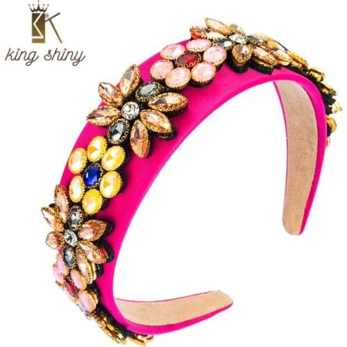 King Shiny Baroque Palace Flower Headband for Woman Vintage Crystal Rhinestone Beaded Statement Hairband Girls Jewelry Accessory