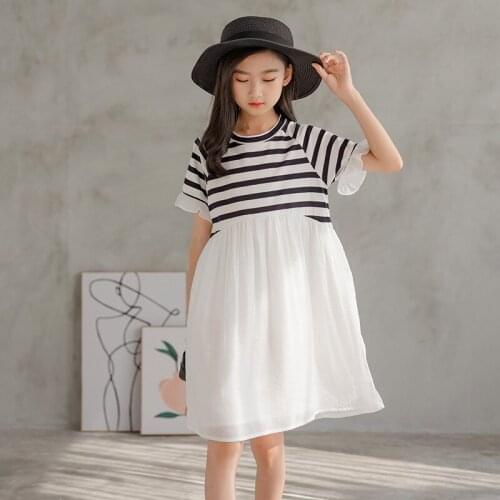 New 2021 Summer Children Dresses For Teenage Girls Petal Sleeve Striped Patchwork Dress Clothing Kids Korean Princess Clothes