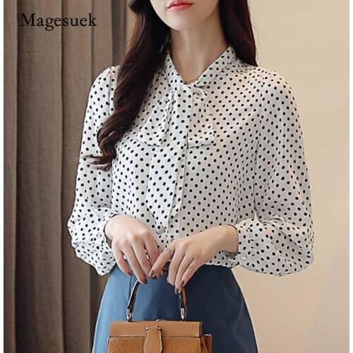 2020 Autumn New Korean Chiffon Shirts Polka Dot Casual Blouse Women Cardigan Tops Fashion Bow Tie Loose Long Sleeve Blusas 10642
