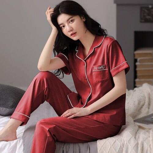 Summer Cotton Womens Pyjamas Short Sleeve Tops Long Pants Pajamas Set Cardigan Sleepwear Night Pijamas Mujer Plus Size Homewear