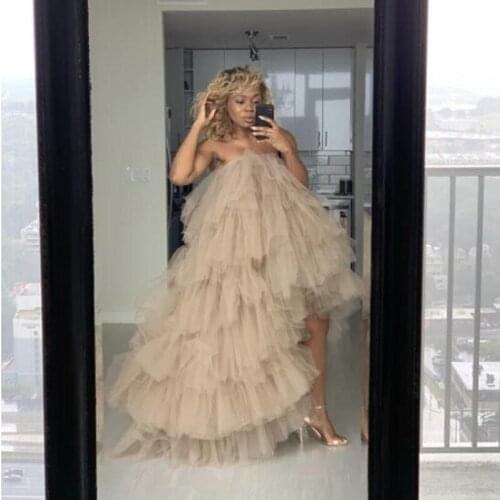 Khaki Prom Dresses Women Custom jupe femme Hi Low Evening Party Dress Tulle Tiered Elastic Neckline Girl Wear abendkleider abiye