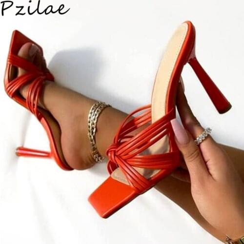 Pzilae 2021 New Summer Fashion Design Narrow Band Women Slippers Sexy High Heels Peep Toe Ladies Mules Slides Shoes Big Size 42