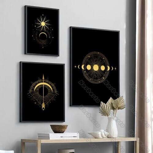Modern Decoration Art Canvas Painting Poster Black and Golden Moon Stars Light Letters Make Your Magic for Home Rooms Decoratio