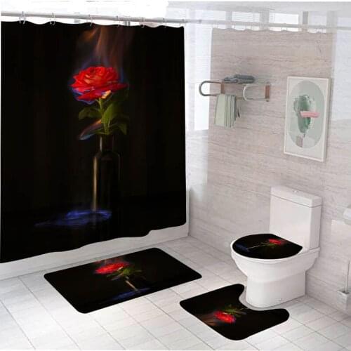 Waterproof Bathroom Shower Curtain Flower Toilet Cover Non-Slip Bath Mat Rug Carpet Set Polyester Fabric Washable Home Decor