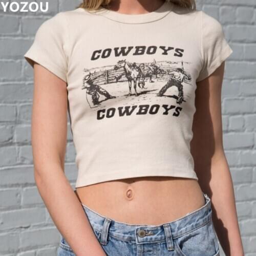 YOZOU Women Summer O-Neck Vintage 90s Cowboy Pattern Printting Short Sleeve Crop Top Tee T-Shirt For Female YL-286