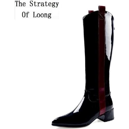 Spring Autumn Plus Size 41 42 Wild Bling Women Patent Leather Long Western Boots Lady Patchwork Knee-High Knight Boots 191118