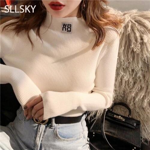 Sllsky Half Turtleneck Women Sweaters Solid Slim Pullovers Letters Appliques 2020 Autumn Winter All Match Long Sleeve Sweaters