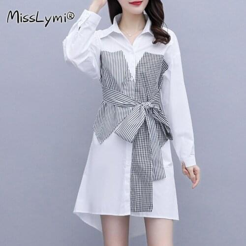 L-4XL Plus Size Women White Long Shirt Dress Autumn 2020 Fashion Turn-down Collar Long Sleeve Patchwork Plaid Ladies Dresses