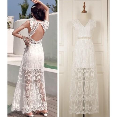 Open Back Backless Women White Lace Dress Sleeveless Summer Casual High Waist Lady Long Dresses For Holiday Beach