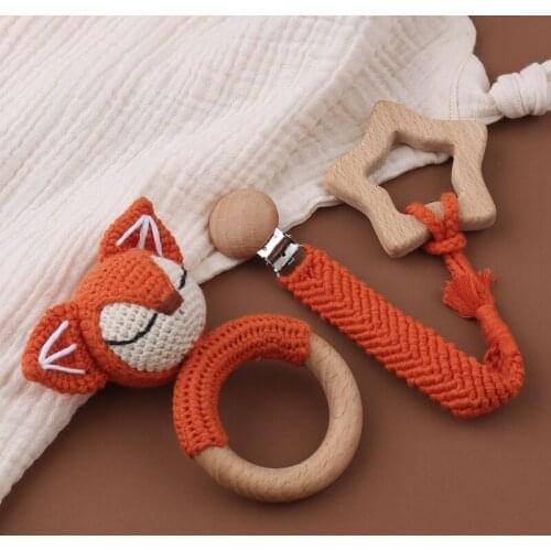 3Pcs Infant Shower Gift Baby Wooden Teether Ring and Pacifier Chain Clip Nipple Holder Crochet Animal Rattle Molar Toys