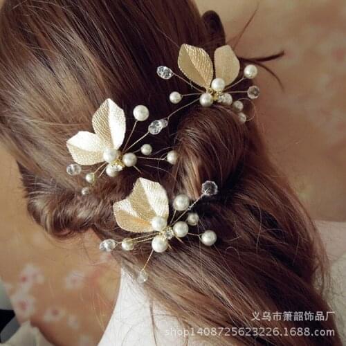 6PCS Bridal alloy leaf ornament handmade headdress Korean hair ornament pearl pan hair fork hairpin