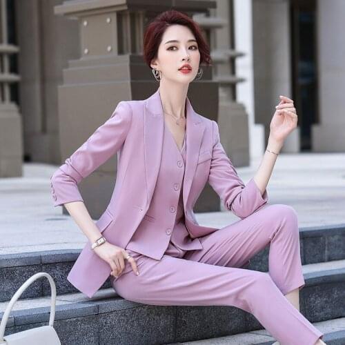 2021 3 Pieces Set Fashion Vest Pant Suit Office Ladies Work Wear For Women Female Formal Blazer Jacket With Cropped Trousers