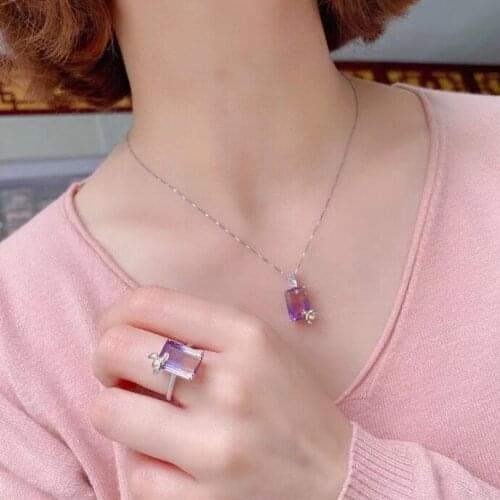 Fashion Ametrine Silver Ring and Pendant Set for Party 10mm*14mm Natural Ametrine Jewelry Set 925 Silver Ametrine Jewelry