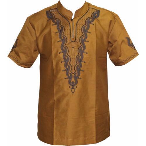 Mr Hunkle Mens Casual T-shirt African Vintage Embroidery Stand Neck Shirts Short Sleeve Golden and White Thin T-shirt For Men