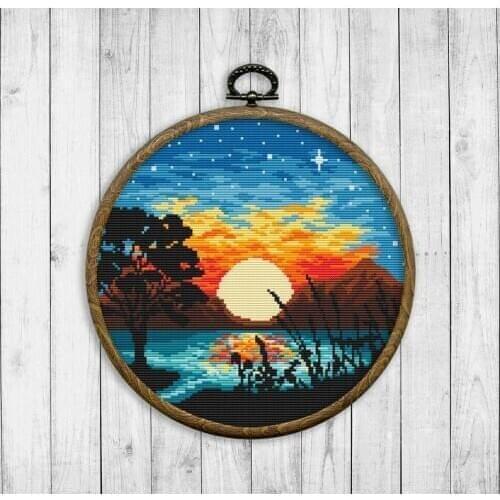 Circular Landscape-Sunset Landscape Counted Cross Stitch 11CT 14CT 18CT Cross Stitch Kits Embroidery Needlework Sets