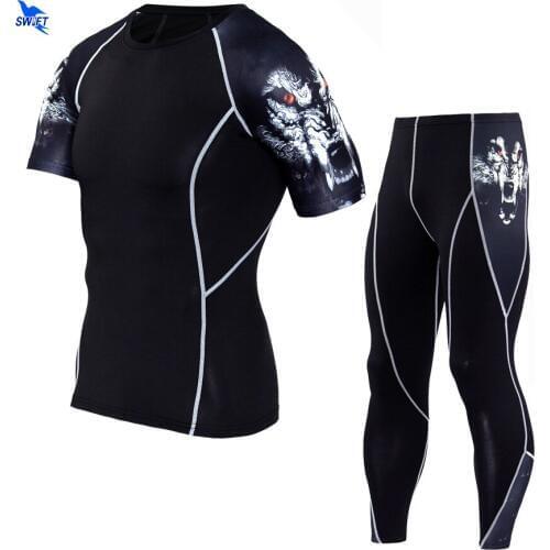 Custom 2020 Men Compression Tracksuit Short Sleeve Shirts+Leggings 2 Pcs Sports Suit 3D Printed Jogging Fitness MMA Running Set