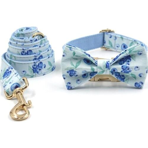 Blueberry Pattern Dog Collar Personalized Cute Bow Tie Dog Collar and Leash Set Adjustable Metal Buckle Pet Collar Accessories