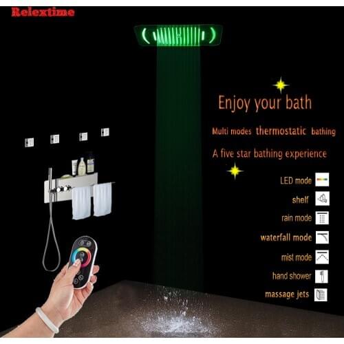 Bathroom Concealed Thermostatic Shower Panel With Towel Shelf Nozzle Glow LED Ceiling Shower Head Rain Waterfall Massage Jets