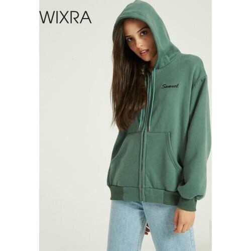 Wixra Women Zippers Sweatshirts Solid Long Sleeve Embroidery Letter Hoodies Tops 2020 Autumn Spring Basic Zip-up Tops