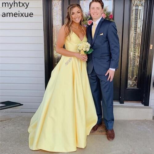 Event Simple A-line Long Prom Dress With Pocket V-neck Yellow Cheap Satin Robe De Soiree Women Formal Party Crisscross Back Gown