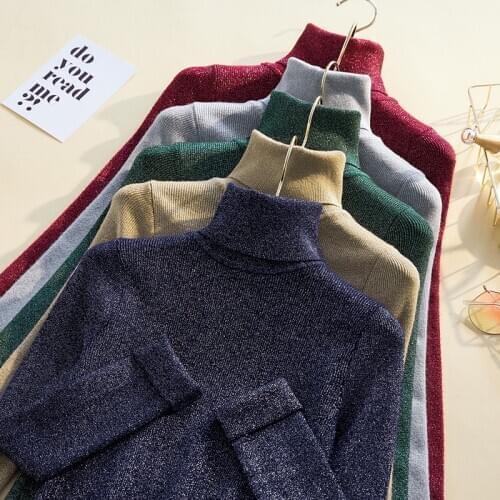 Turtleneck Warm bright silk knitwear autumn winterlong-sleeved gold silk sleeve sweater bright bottoms jumper womens pullovers