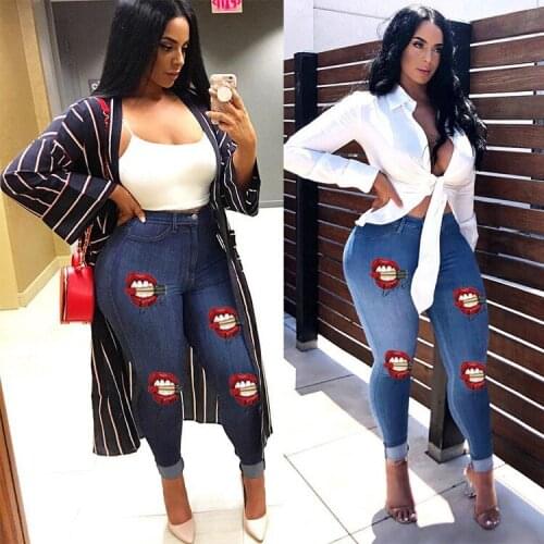 FNOCE 2020 new womens jeans pants fashion trends casual elegant lip print high waist tight stretch slim full denim pencil pants