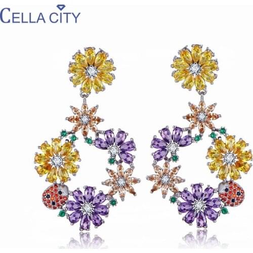 Cellacity Luxury Silver 925 Jewelry Gemstone Drop Earrings for Women Long Colors Zircon Flowers Ear drops Temperament Party Gift