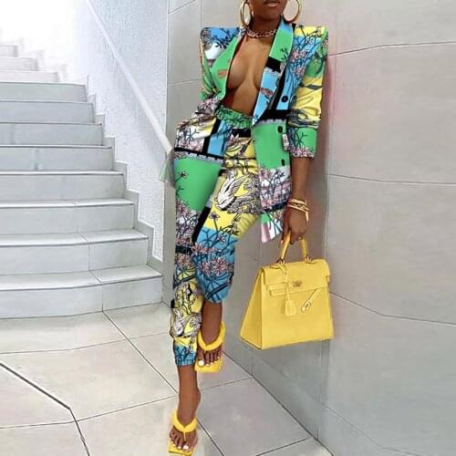 Women Long Sleeve Coat And Pencil Pants Two Piece Set Casual Autumn Streetwear Button Suit Female Colorful Print Loose Lapel Set