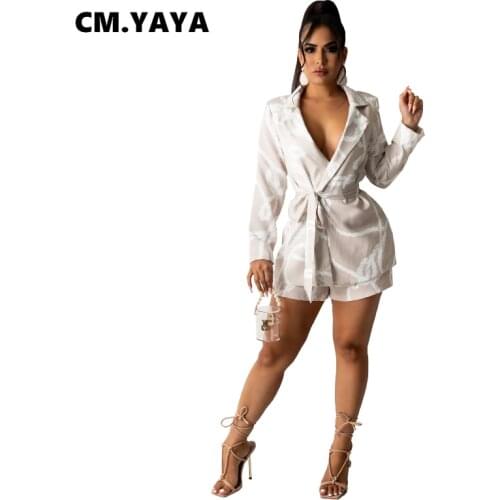 CM.YAYA Women Set Solid Full Sleeve Suit Coat Bandage Sashes Straight Shorts Two 2 Piece Sets Office Lady Outfit Summer Fashion