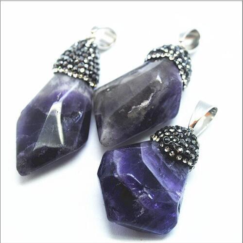 Natural amethystt stone pendants with shinning rhinestone top fashion decoration purple colors semi precious stone irregular