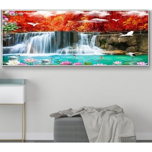 Diy diamond painting waterfall swan koi fish 5d diamant embroidery mosaic Handmade lotus tree natural landscape large decor A336