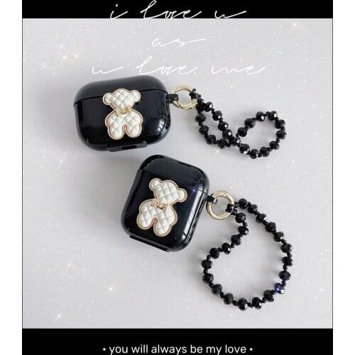 Lozenge Bear Earphone Case For AirPods 2/1 airpod Luxury Earphone Cover For AirPods Pro 3 Headset Case with Black Crystal Chain