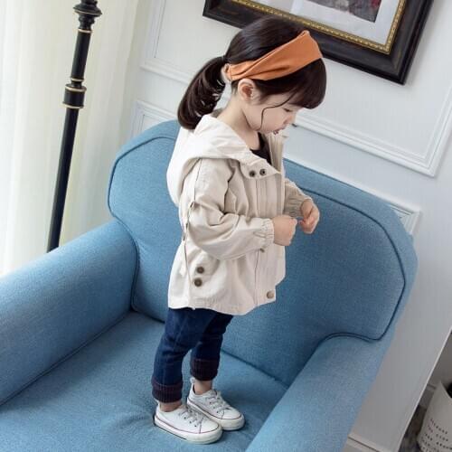 Childrens Solid Color Windbreaker Autumn New Korean Girls Waist Hugging Hooded Jacket Girls Coats Kids Clothing