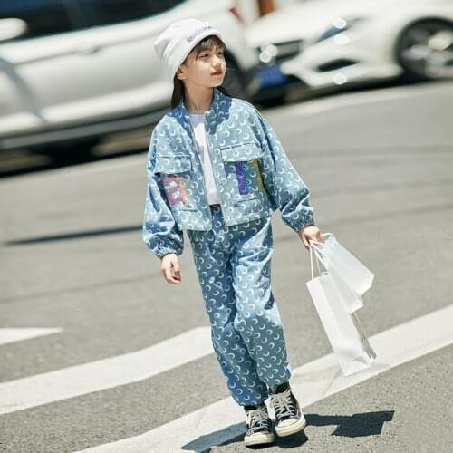 Girls Denim Clothes Sets 2021 Fall Outfits 8 10 years Zipper Drill Jackets Pants 2 pieces Set Fashion Casual Children Suits