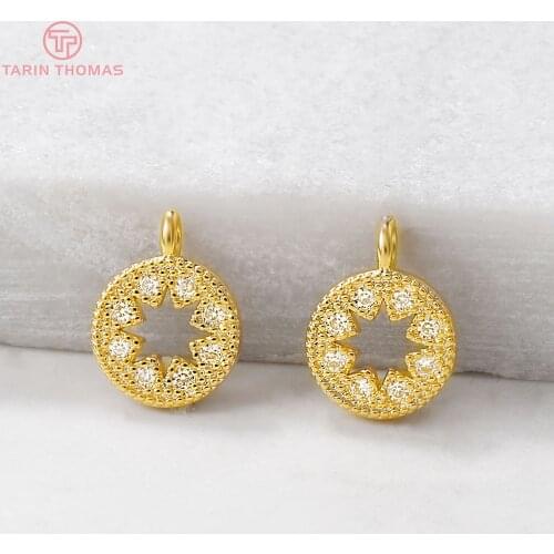 6PCS 8x10MM Hole 1MM 24K Gold Color Brass with Zircon Round Charm Pendants for DIY Jewelry Making Findings Accessories