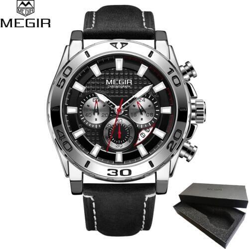 Luxury Brand MEGIR Military Watches Men Quartz Chronograph 6 Hands Leather Clock Male Sports Army Wrist Watch Relogios Masculino