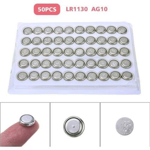 MAYITR 50pcs Alkaline Button Battery AG10 Buttons Coin Cell Batteries AG10 LR54 LR1130 390 189 389A 389 1.5V Toy Watch Batteries