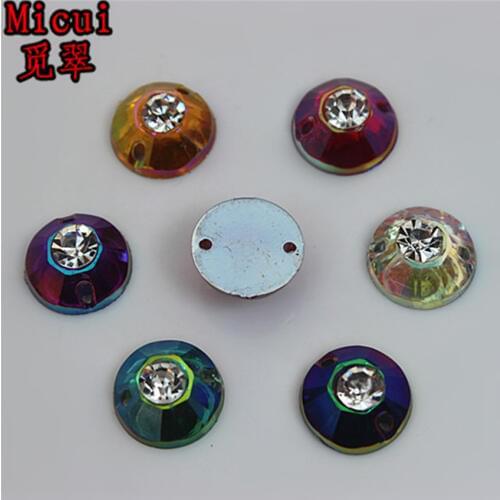 Micui 100pcs 12mm AB Color Round Crystal Beads Sewing On Rhinestone Flatback Crystals For Garment Sew On 2 Holes ZZ289