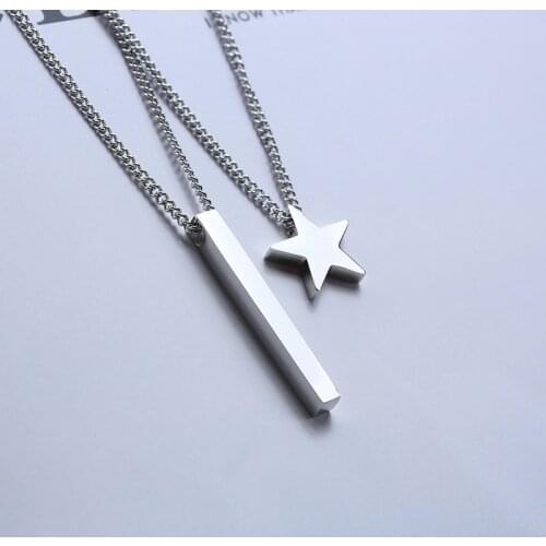 Minimalist Layered Necklaces for Men Never Fade Stainless Steel Star Vertical 3D Bar Pendant Casual Long Sweater Chain