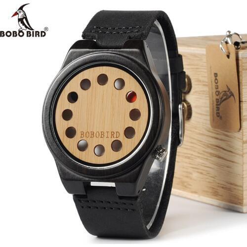 BOBO BIRD WB17 Mens Watches Top Brand Luxury Black Sandalwood Bamboo 12 Holes Dial Quartz Watches With Real Leather Band OEM