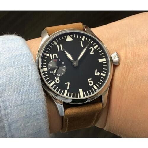 44mm black dial Asian 6497 17 jewels Mechanical Hand Wind movement mens watch green luminous butterfly buckle gr289-g8